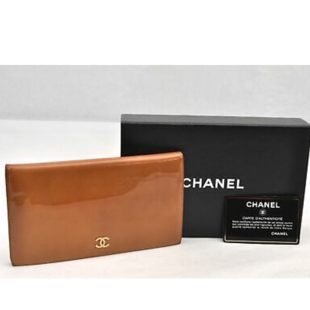 CHANEL CC Logo Enamel Brown Wallet With Box & Cards